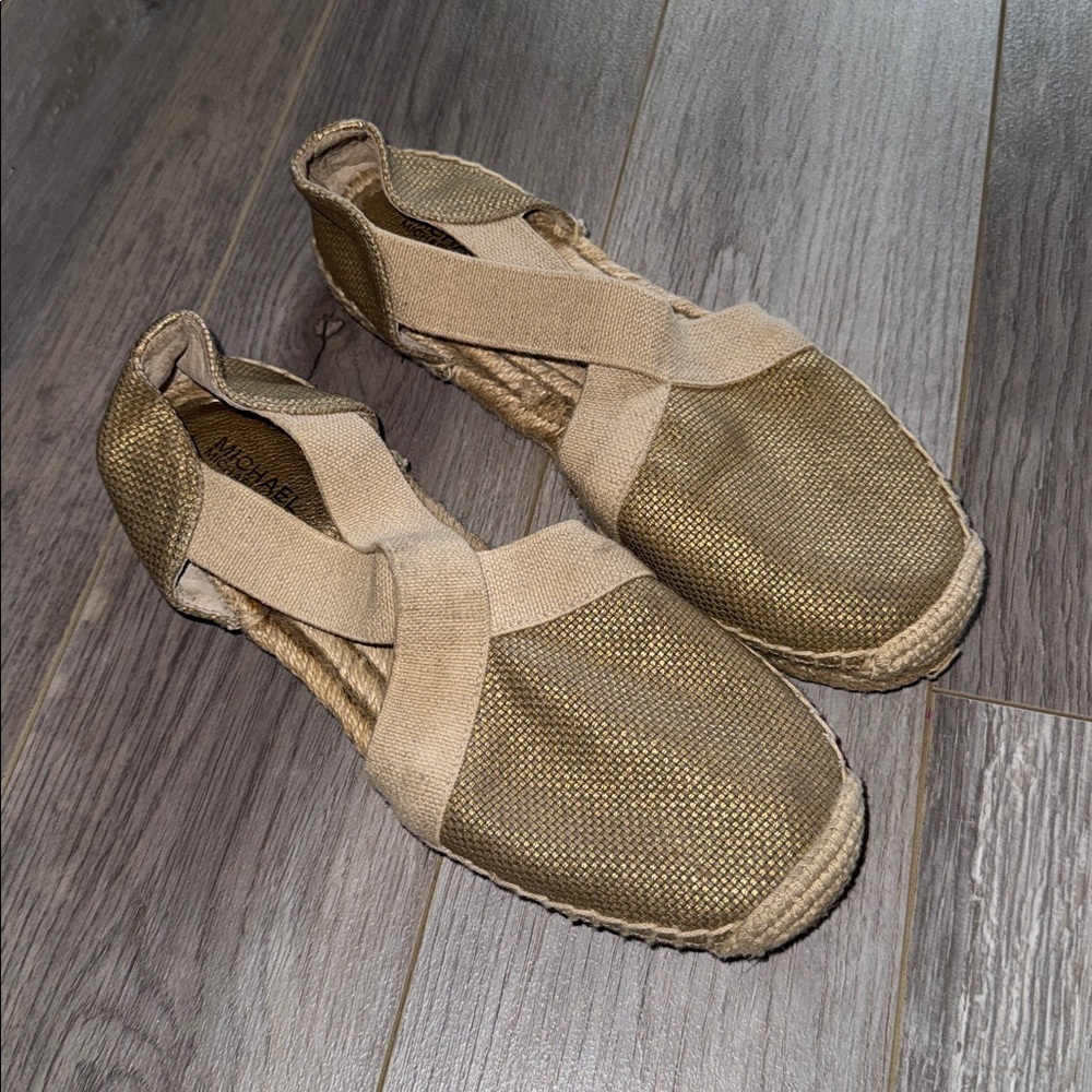 Michael Kors Gold and Beige Espadrille Slip-On Flats
